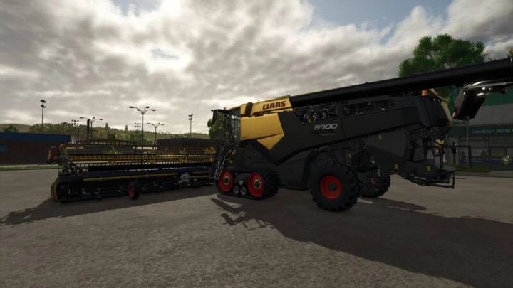 fs25-mods,  Claas Lexion 8900 pack mod for FS25, featuring a combine harvester in a field under a cloudy sky.