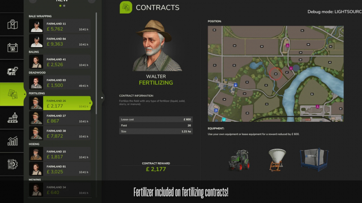 fs25-mods,  FS25 mod image showing contract details for fertilizing farmland 26, highlighting contract reward of £2,177 in Farming Simulator 25.