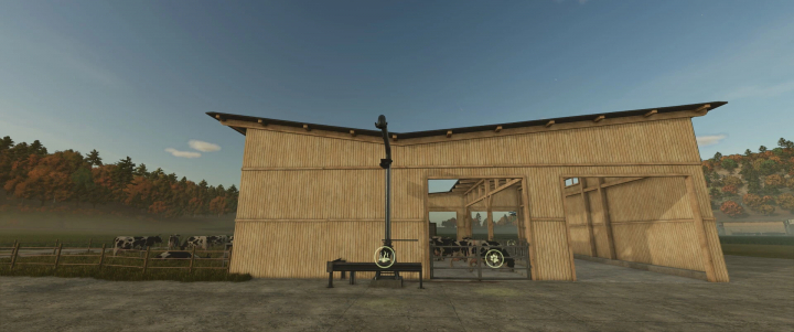 fs25-mods, FS25 mod CowShed OldenfarmEdition showing a wooden barn with cows grazing, set in a scenic rural landscape.