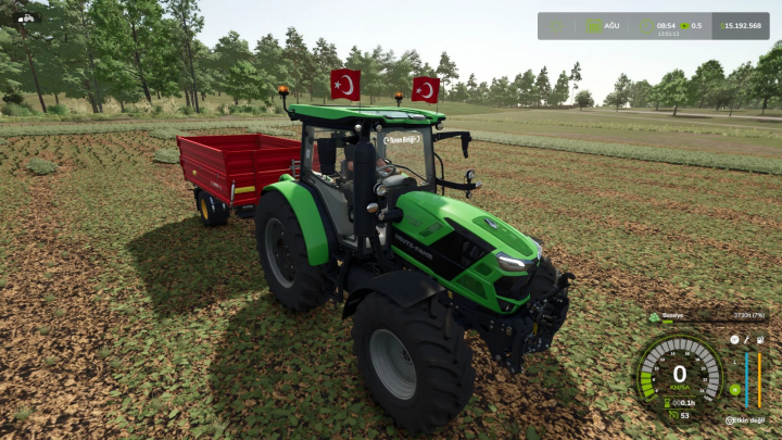 fs25-mods,  Deutz Fahr 6C RV-Shift tractor pulling a red trailer on a farm in FS25 mod.