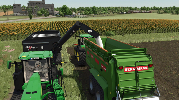 fs25-mods,  FS25 mods: Enhanced Filltype Categories in action with tractors loading grain in a lush field.