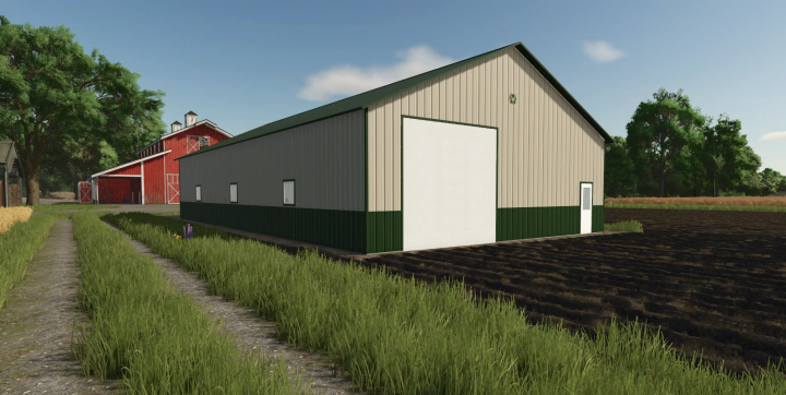 fs25-mods,  FS25 42x80 Shop mod showcasing a large shed with a green base and beige walls in Farming Simulator 25 landscape.