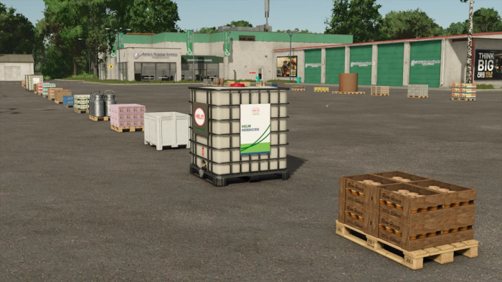 fs25-mods, FS25 Dirt Cheap Pallets mod showcasing various pallets and containers in a Farming Simulator 25 loading dock area.