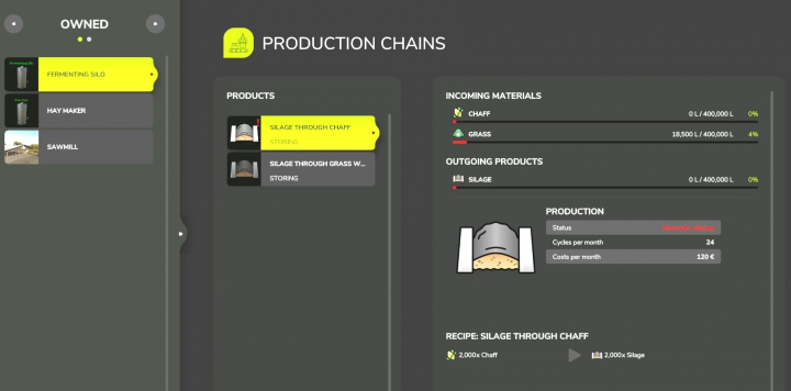 fs25-mods,  FS25 Fermenter V1.0.2 mod menu showing production chains with fermenting silo details in Farming Simulator 25.