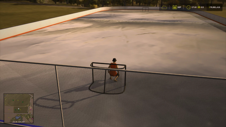 fs25-mods,  FS25 Hockey Rink mod showing a character near a goal in Farming Simulator 25.