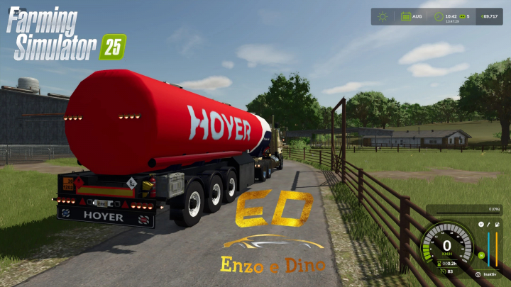 fs25-mods,  FS25 Tanktrailer 1.0.0.0 mod showing a red tanker trailer labeled 'Hoyer' on a farm road in Farming Simulator 25.