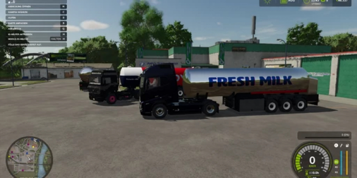 fs25-mods,  FS25 milk trailer mod v1.0.0.0 in Farming Simulator 25, showing trucks with milk trailers labeled 'Fresh Milk' in a farm setting.