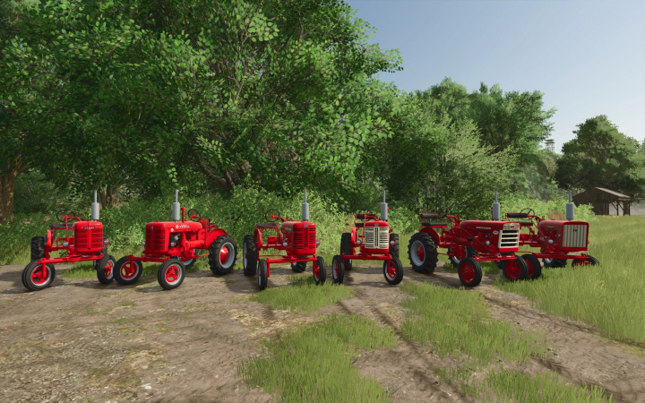 fs25-mods,  Farmall A pack v1.0.01 mod in FS25 featuring red tractors against a lush greenery backdrop.