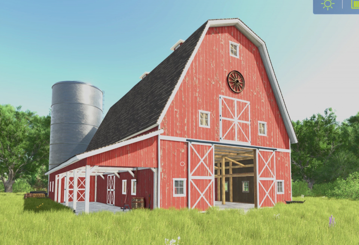 fs25-mods,  Red barn from FS25 mods with silo in a lush green field, showcasing Farming Simulator 25 mod features.