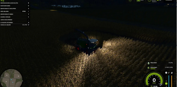 fs25-mods, FS25 mod Fendt Katana with tank harvesting crops at night. Farming Simulator 25 gameplay features displayed.