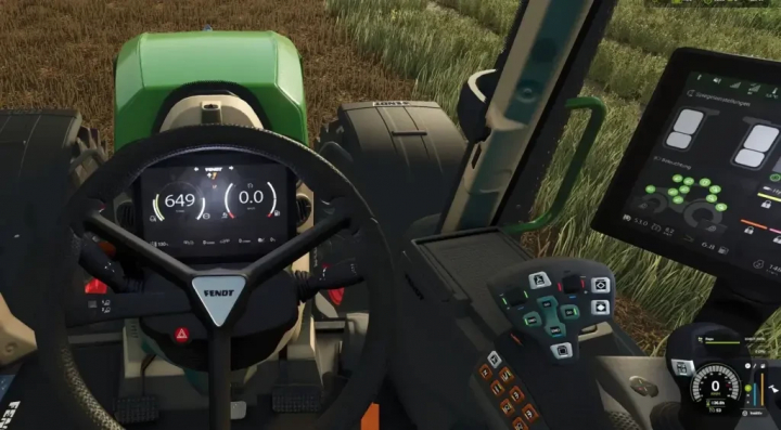 fs25-mods,  Fendt Pack Dark Screen v1.2.0.0 mod in FS25 showing tractor cockpit with detailed dashboard interface.