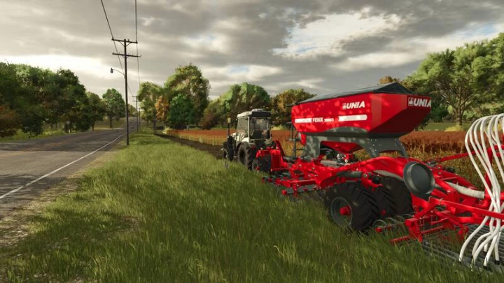 fs25-mods,  FS25 mod Fendt Vario 200 Edited V1.0.0.1 tractor with red Unia seed drill on a grassy road beside a field.