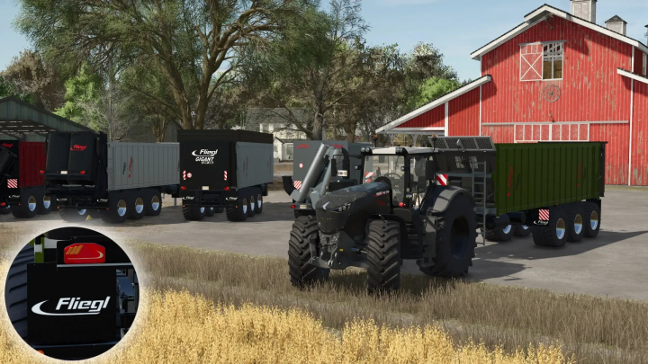 fs25-mods,  FS25 mod featuring Fliegl ASW288 Multi Trailer at a farm with tractor, showcasing detailed design and functionality.