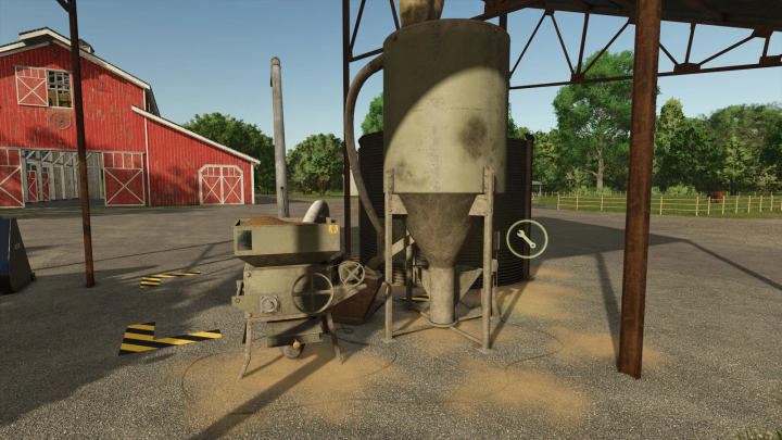 fs25-mods, FS25 mod Flour Crusher v1.0.0.0, a machine in a farm setting with red barn, for Farming Simulator 25.