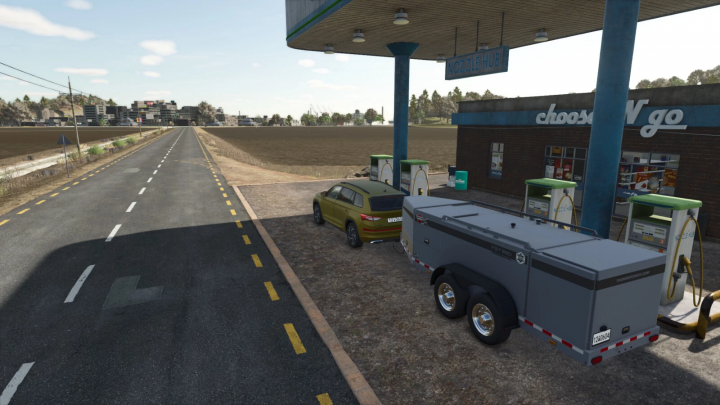 fs25-mods,  FS25 mod image showing a gas station with fluctuating diesel prices, featuring a parked SUV and trailer. Part of Farming Simulator 25 mods.