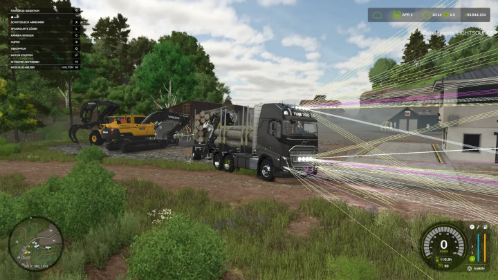 fs25-mods,  FS25 mod Forst LKW v1.0.0.0: A black logging truck with a load of logs and excavator in a forest setting.