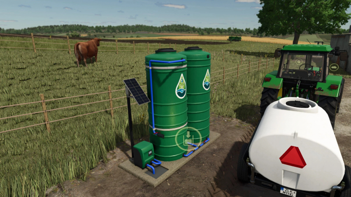 fs25-mods,  FS25 mod Free Water Tank v1.0.0.0 with green tanks and solar panel in a farm setting.