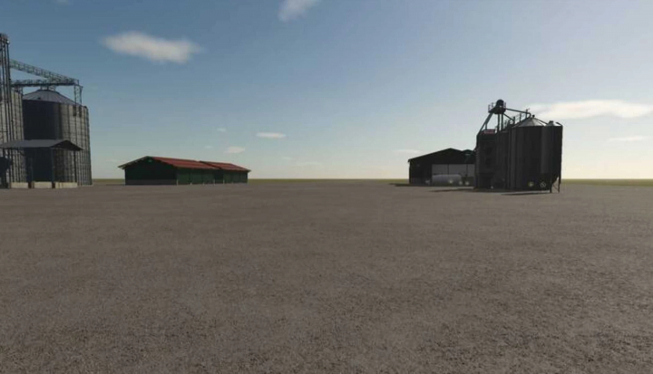 fs25-mods,  FS25 Great Plains 16x mod showing farm buildings and silos under a clear sky.