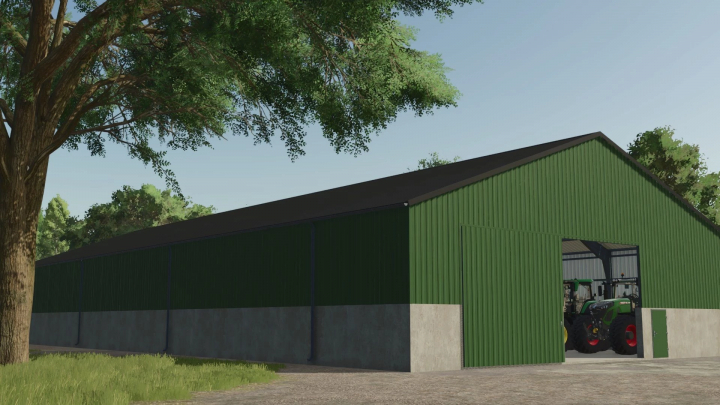 fs25-mods,  Green hall mod 45x20m in FS25 game with tractors inside.