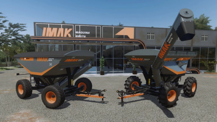 fs22-mods, The IMAK Grain Trailer CG 28500 mod for FS22, featuring two trailers, displayed in front of a building in Farming Simulator 22.