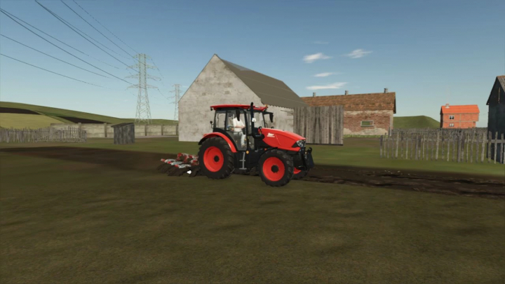 fs25-mods,  IMT 756 tractor mod in Farming Simulator 25, plowing a field near old farm buildings.