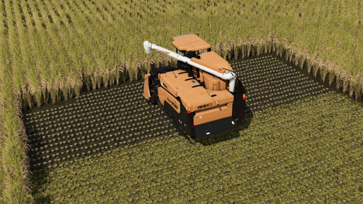 fs25-mods,  Iseki HJ 6130 harvester mod with extended working width in FS25, shown harvesting a dense crop field.