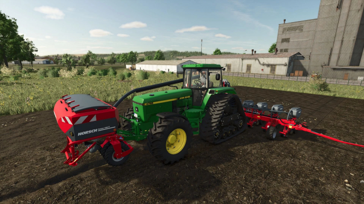 fs25-mods,  John Deere 4755 FS25 mod in Farming Simulator 25, featuring a tractor with Horsch Partner seeder attachment.