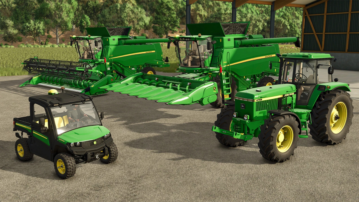 fs25-mods,  FS25 John Deere T560 Pack mod showing green tractors and harvesters on farm.