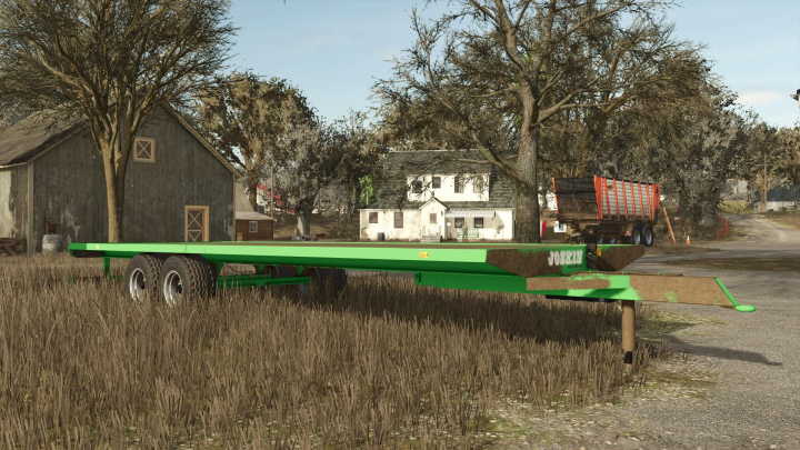 fs25-mods,  Joskin ST8000D12 trailer mod in Farming Simulator 25, parked by a barn and trees.