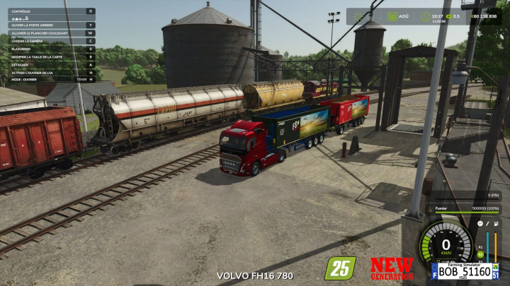 fs25-mods, FS25 mod Krampe SKS 30 150 New Generation v1.0.0.1 features a red truck with cargo near silos and train in Farming Simulator 25.