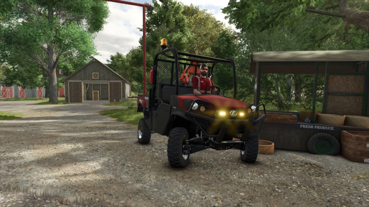 fs25-mods,  Kubota XG850 Sidekick mod in Farming Simulator 25, parked near a barn with produce stand.