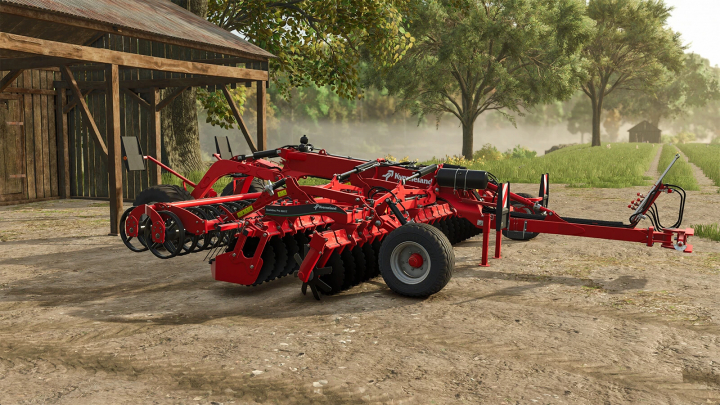 fs25-mods,  Kverneland Qualidisc Pro 6001T Plow mod for Farming Simulator 25, showcasing detailed red machinery against a rustic barn backdrop.