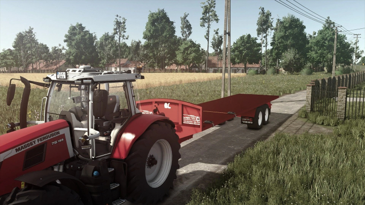 fs25-mods,  Red Massey Ferguson tractor with Larrington 32ft trailer mod in Farming Simulator 25, featuring rural scenery.