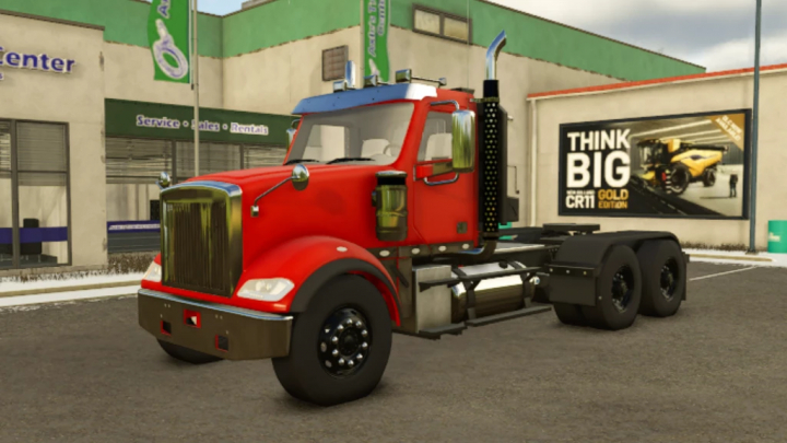 fs25-mods,  FS25 Mod Lizard Warrior v1.0.0.0 features a red truck with a chrome grille parked in front of a service center.