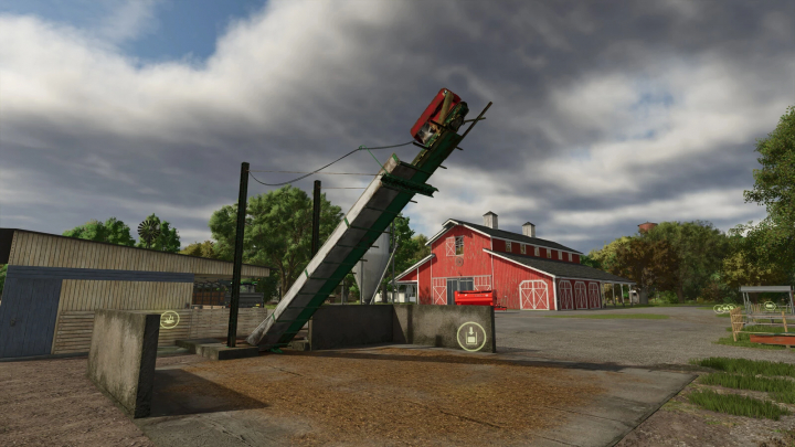 fs25-mods, Manure Evacuator mod in FS25 displaying a red barn and machinery under cloudy skies.