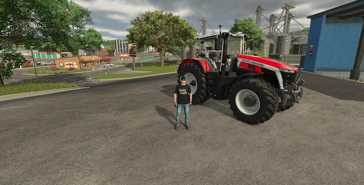 fs25-mods,  FS25 mod Massey 9S tractor v1.0.0.0 in a rural town setting with a character standing nearby. Farming Simulator 25 mods.