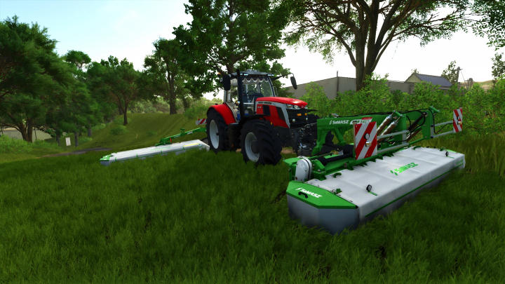 fs25-mods,  Massey Ferguson 7S tractor with SaMASZ mower in FS25 mod landscape.