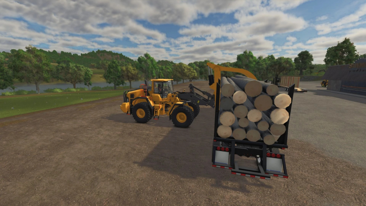 fs25-mods,  FS25 mods showing Millyard Grapple with Volvo l180H loading logs. Farming Simulator 25 mod scene.