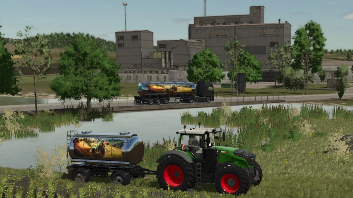 fs25-mods,  FS25 mods: MultiTank MKS 32 and MKS 8 v1.0.0.0, featuring a tractor and tankers near a factory in Farming Simulator 25.