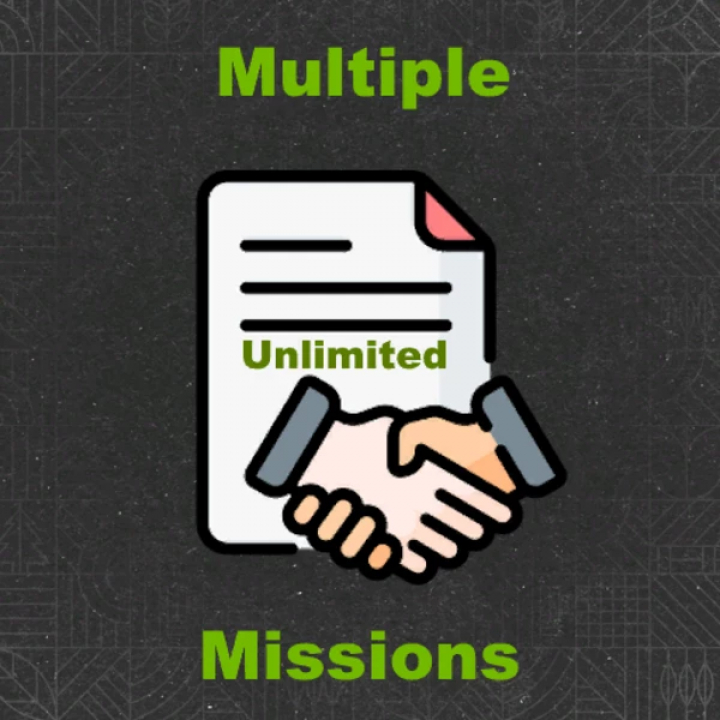 fs25-mods,  FS25 mods MultipleMissions v1.0.0.0 showing a handshake and document with 'Unlimited' text, enhancing gameplay.