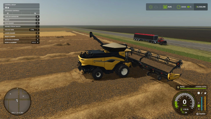 fs25-mods,  New Holland CR11 harvester in FS25 mods farming field, precise controls visible, progress indicator showing barley harvest.