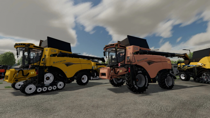 fs22-mods, FS22 New Holland CX v1.0.1.0 mod showcasing two harvesters with different color schemes in Farming Simulator 22.