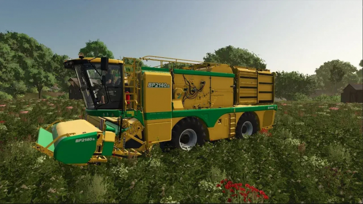 fs25-mods, FS25 mod OXBO Pack Combine Harvester v1.0.0.0 in a field, showcasing yellow and green design.