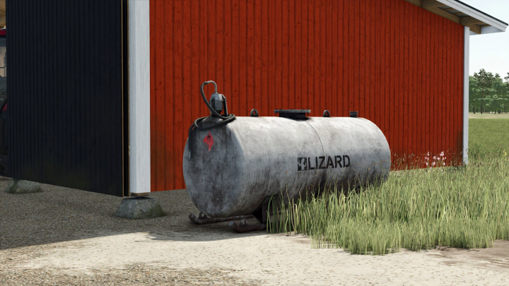 fs25-mods, Old Fuel Tanks mod for FS25 next to a red barn, enhancing Farming Simulator 25 gameplay.