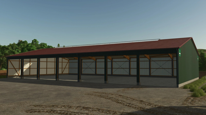 fs25-mods,  FS25 mod Open Garage v1.0.0.0: Modern garage with open bays and red roof, set in a rural environment.