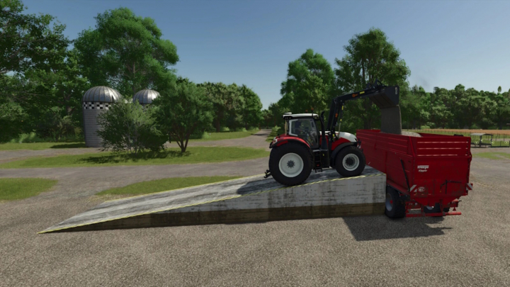 fs25-mods,  FS25 mod Placeable Ramp v1.0.0.0 with red tractor loading materials into a trailer on a sunny farm.