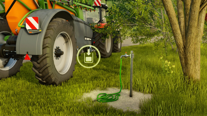 fs25-mods,  FS25 mods Plant Protection Products Pack v1.0.0.0: Tractor near a water tap setup in a green field.