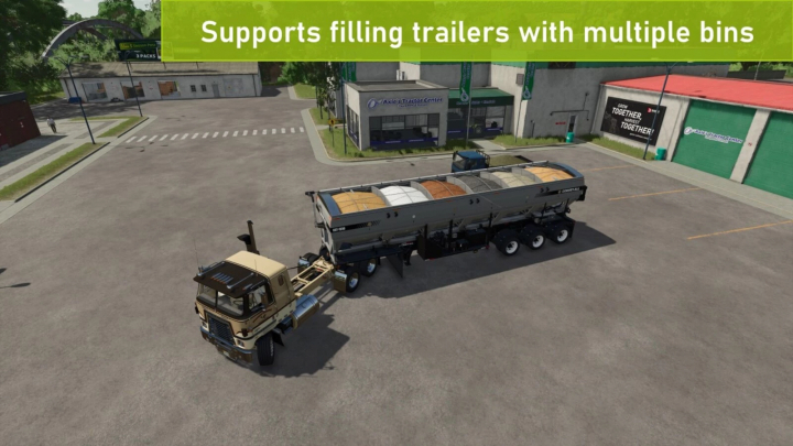 fs25-mods,  Truck with multi-bin trailer in FS25 PowerTools mod, supports filling trailers with different materials.