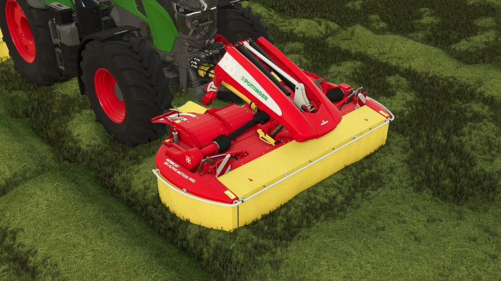 fs25-mods, FS25 mod Pöttinger Novacat A10 Cross Flow + 301 AM ED Pro cutting grass, attached to a tractor.