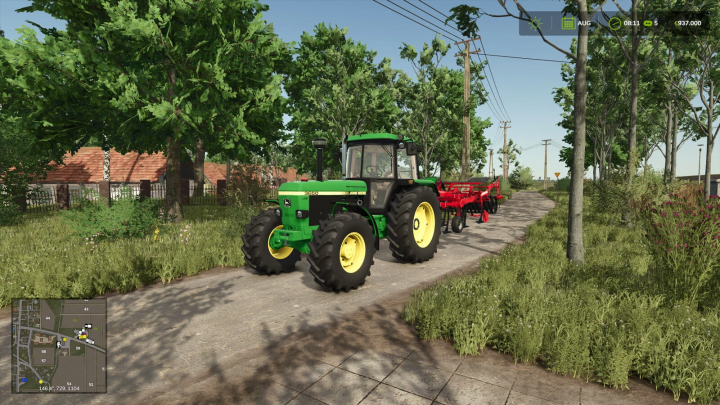 fs25-mods,  FS25 mod Quick Screenshot Mode shows a green tractor on a rural road with trees and a red plow in Farming Simulator 25.